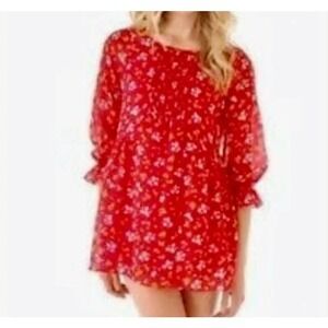 Free People Red Floral‎ Smocked Babydoll Mini Dress Tunic Size 2 Boho Ruffle